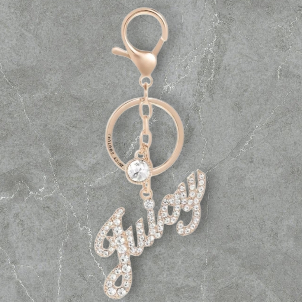 Juicy Couture Crystal Pave "Juicy" Script Keychain, Gold-Tone Bling Charm